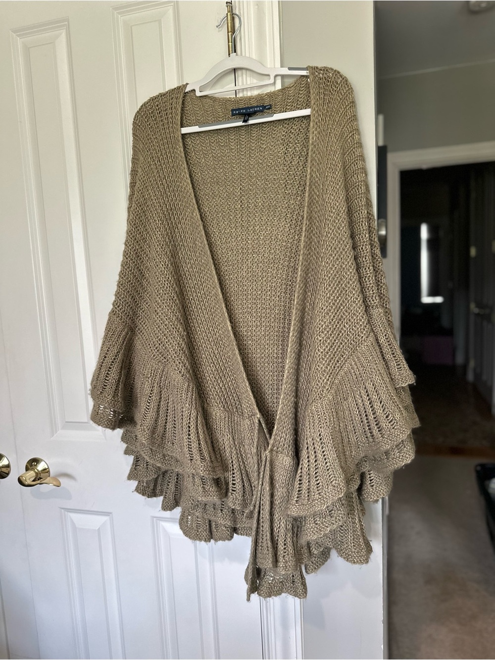 Ralph Lauren Taupe Ruffled Open-Front Knit Cardigan